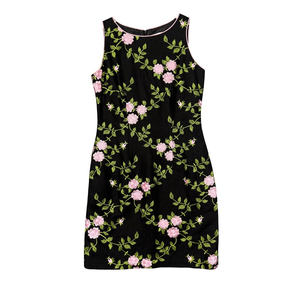 Jessica Howard Sheath Dress Womens 8 Black Pink Floral Embroidered Linen Blend